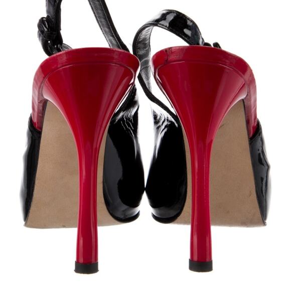 Stuart Weitzman Patent Leather Red Black Peep Toe Stiletto Heels size 9 - Picture 4 of 9